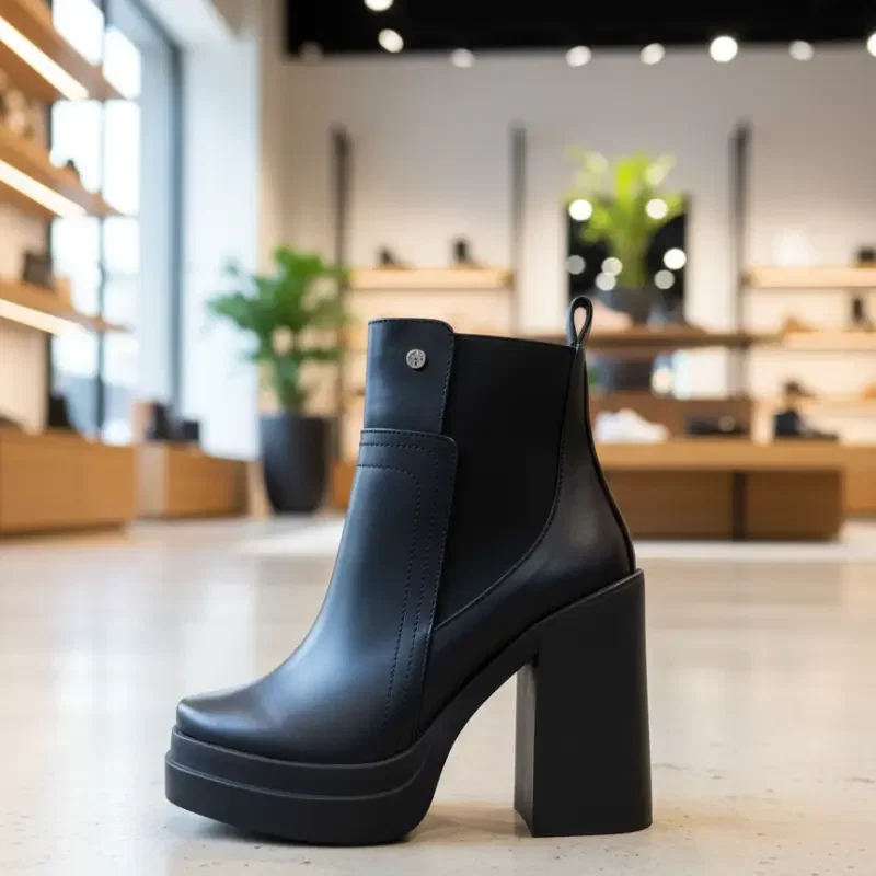 Botín de cuero negro con plataforma y tacón ancho - Outfit Perfecto Colombia