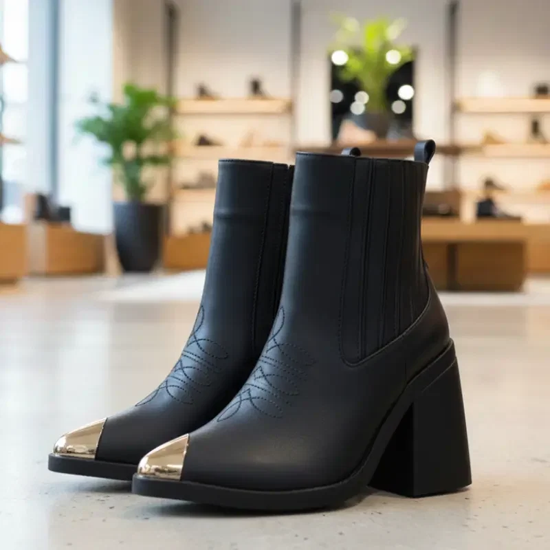 Botín texano de cuero negro con punta metálica dorada - Outfit Perfecto Colombia